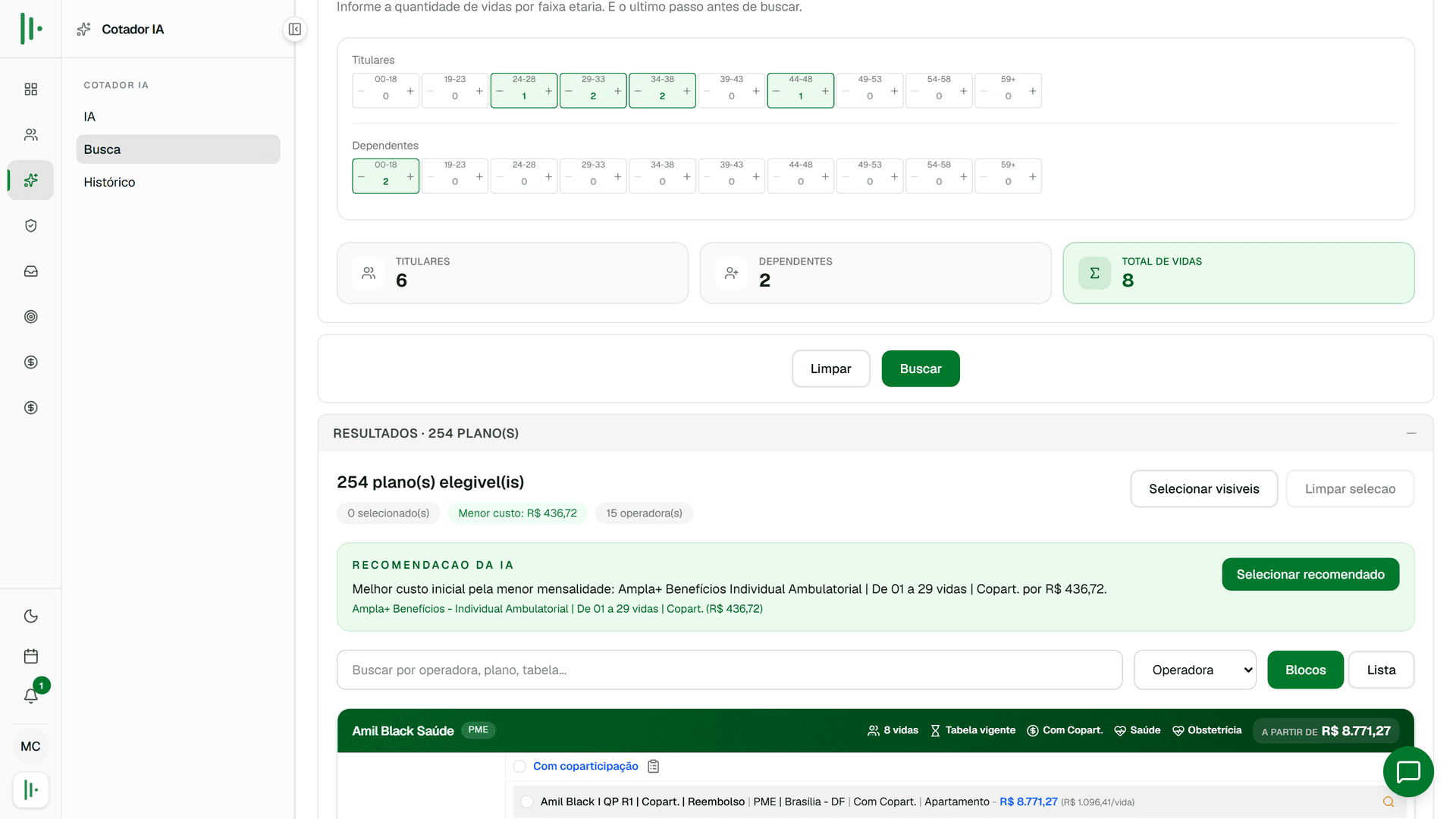 Comparativo de planos PME na tela de resultados do cotador