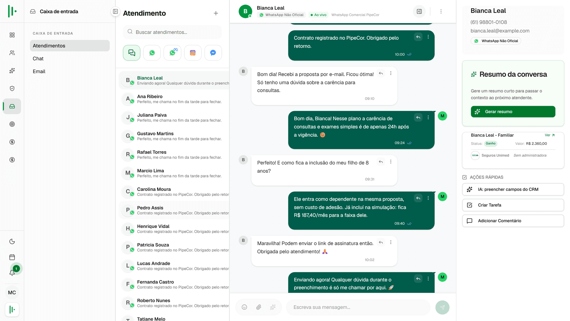 Inbox multicanal do PipeCor com conversas de WhatsApp